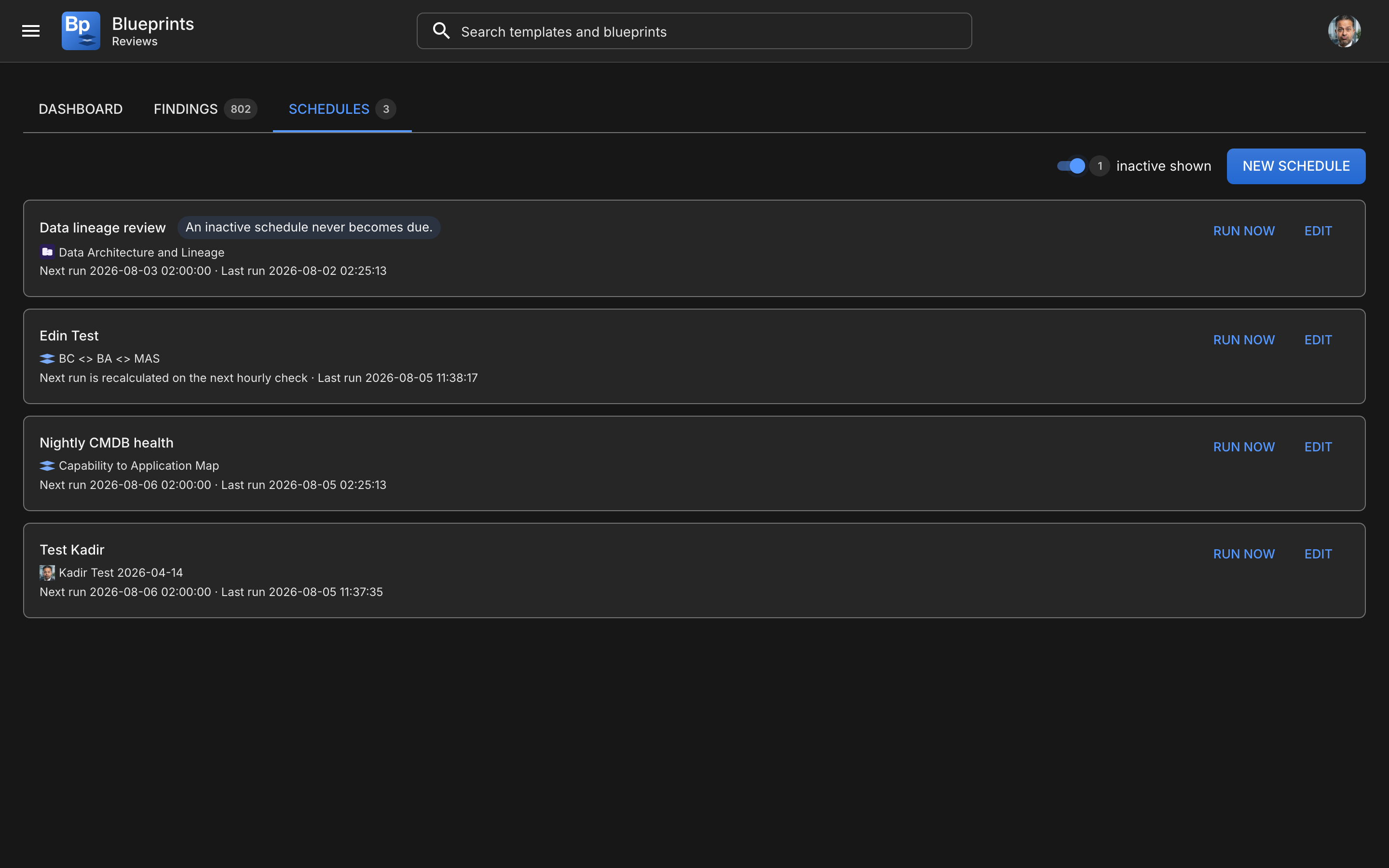 The schedules tab with Show inactive turned on, listing an active and a paused schedule