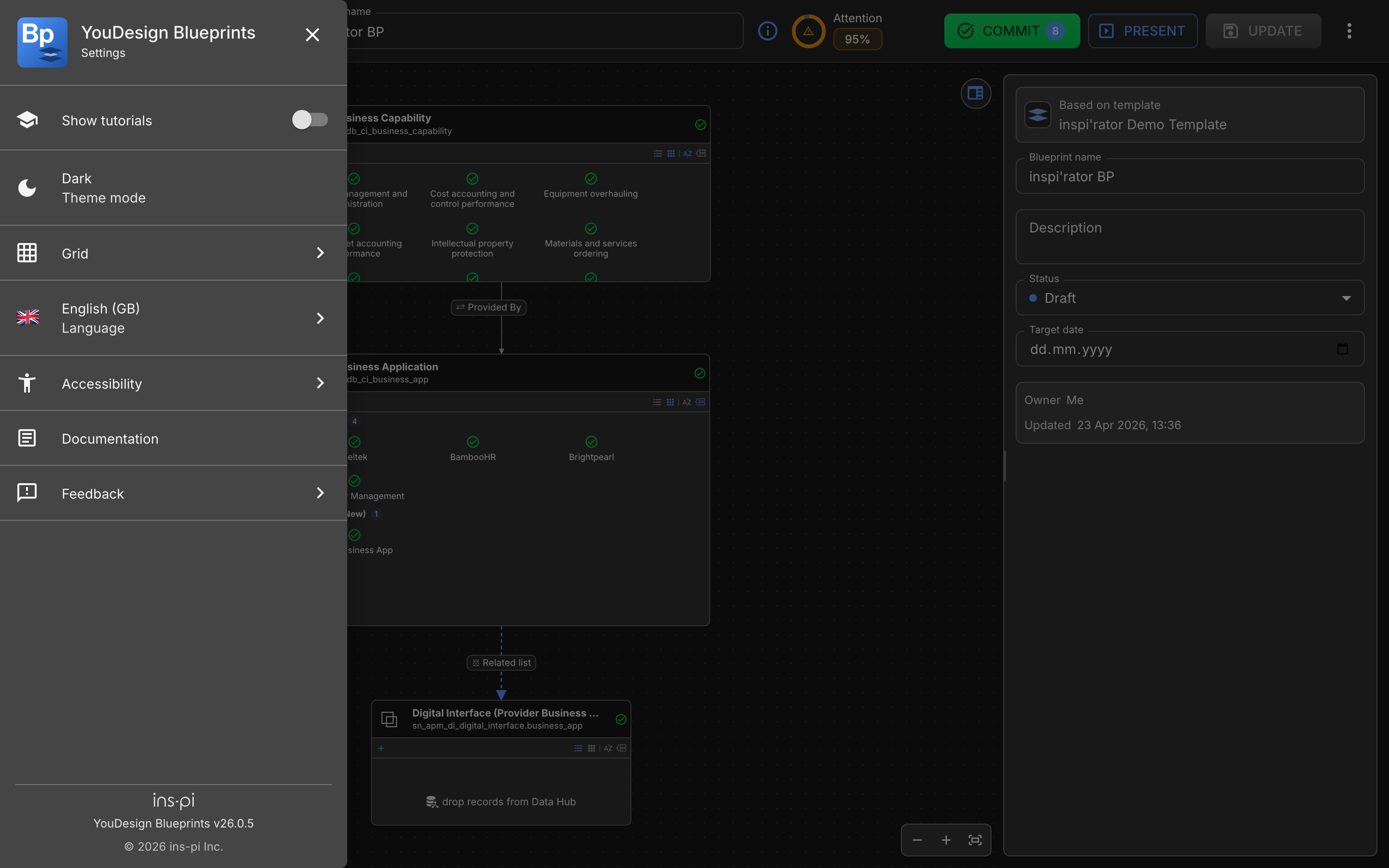 The Settings panel listing tutorials, theme mode, grid, language, accessibility, documentation and feedback, with the version at the bottom