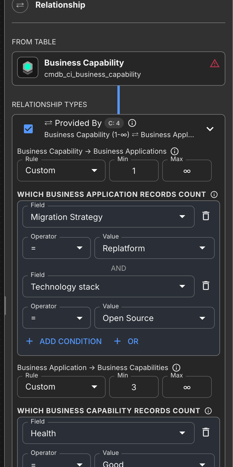 The relationship panel: each direction's rule followed by its own condition section, one requiring Migration Strategy = Replatform and the other with no conditions