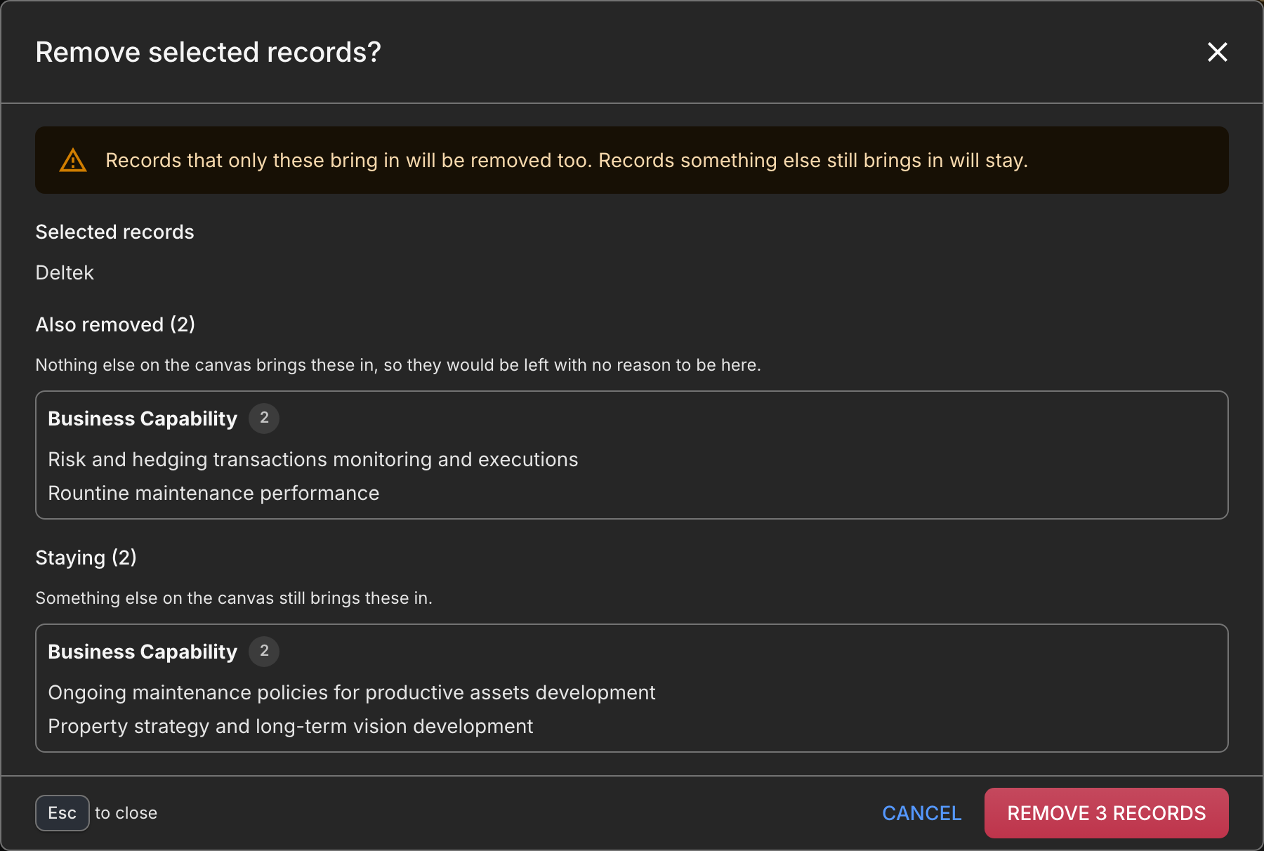 The removal dialog: Deltek selected, two capabilities under Also removed, two capabilities under Staying, and a Remove 3 records button