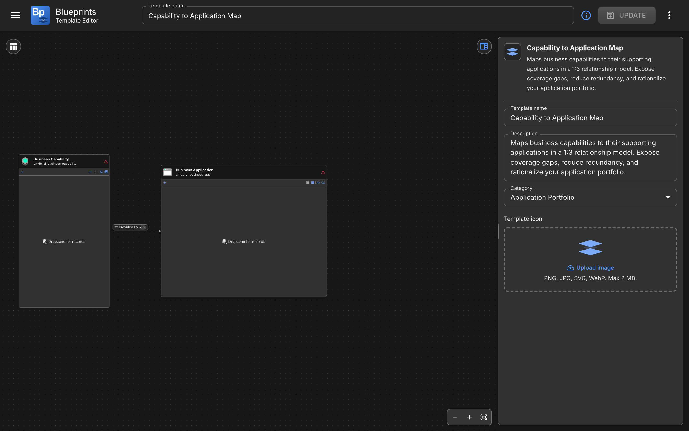 The Template Editor with two tables on the canvas joined by a Provided By relationship, and the template properties panel open on the right